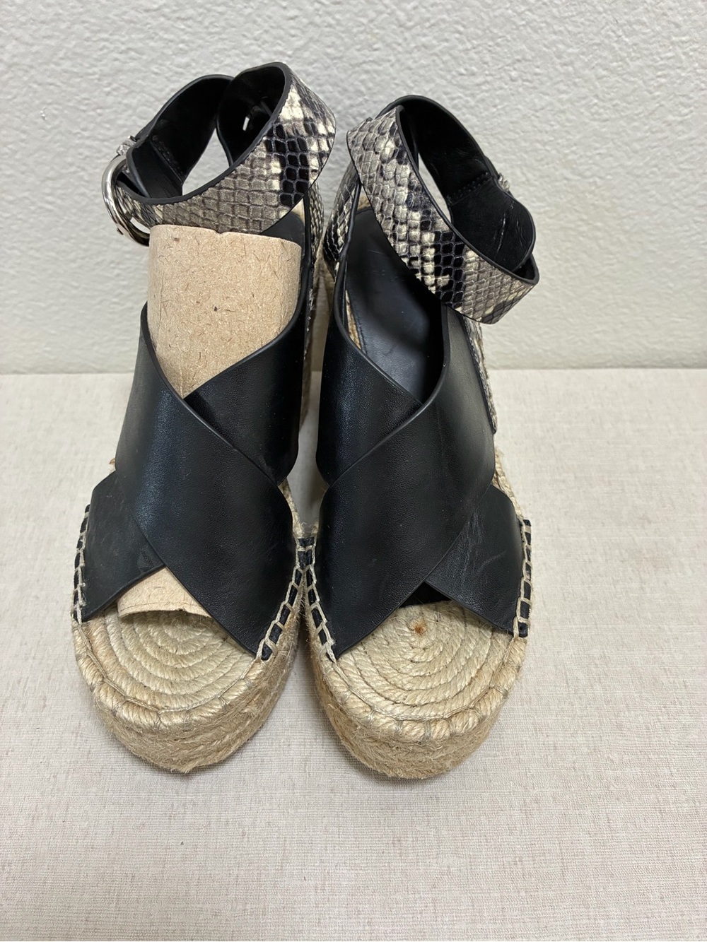 Marc Fisher Black Leather & Snake-Print Espadrille Wedges